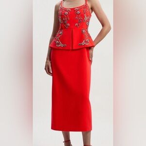 NWT Karen Millen Crystal Embellished Peplum Bandeau Pencil Midi Dress Red 6US